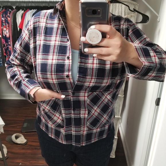 Cotton Plaid Button Down Shirt with Pockets NWOT - Picture 2 of 8